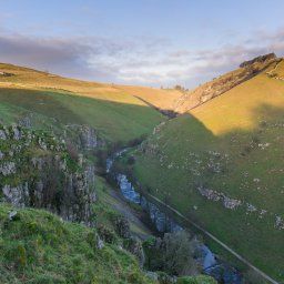 Sunrise from Drabber Tor looking North up Wolfscote Dale and the River Dove.